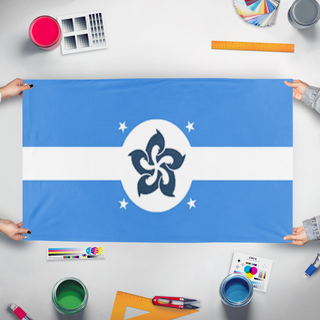 A mockup of the custom flag 'Polynesian League flag' held up on a table during print checking