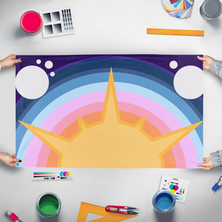 A mockup of the custom flag 'Eketian flag' held up on a table during print checking