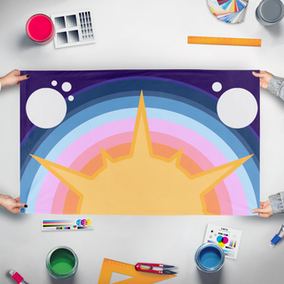 A mockup of the custom flag 'Eketian flag' held up on a table during print checking