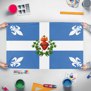 A mockup of the custom flag 'Carillon Sacre-Coeur 2026-1 flag' held up on a table during print checking