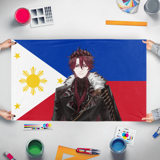 A mockup of the custom flag 'jurard_ph flag' held up on a table during print checking