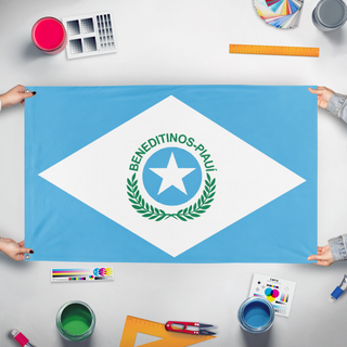 A mockup of the custom flag 'Test Flag' held up on a table during print checking