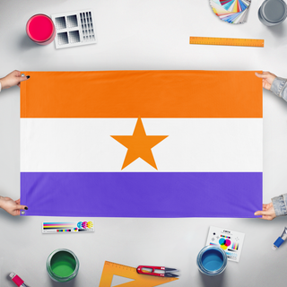 A mockup of the custom flag 'New Dutch flag' held up on a table during print checking