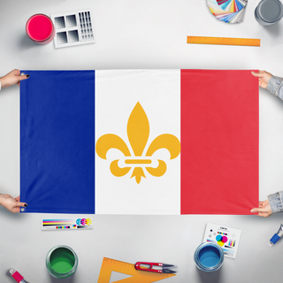 A mockup of the custom flag 'New French flag' held up on a table during print checking
