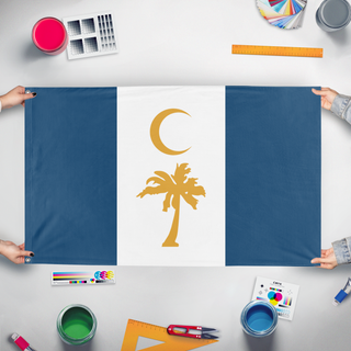 A mockup of the custom flag 'Fallujah flag' held up on a table during print checking