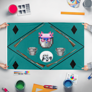 A mockup of the custom flag 'Bucket Empire flag' held up on a table during print checking