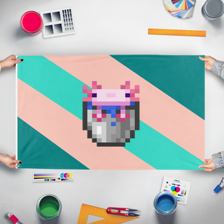 A mockup of the custom flag 'Bucket Empire flag' held up on a table during print checking