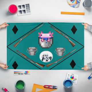 A mockup of the custom flag 'Bucket Empire flag' held up on a table during print checking