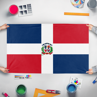 A mockup of the custom flag 'test flag' held up on a table during print checking
