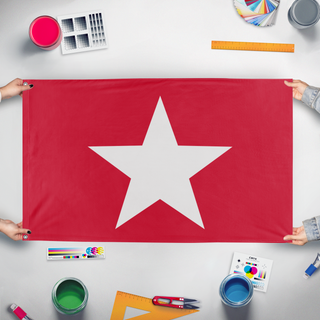 A mockup of the custom flag 'jkiluyt flag' held up on a table during print checking