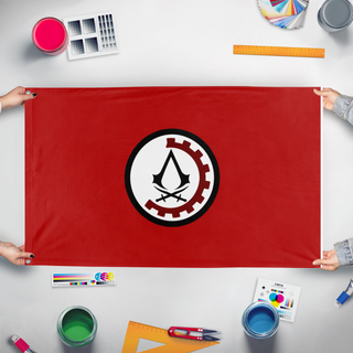 A mockup of the custom flag 'Syndicate flag' held up on a table during print checking