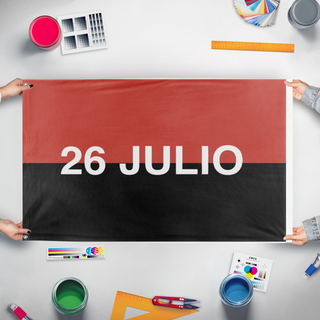 A mockup of the custom flag 'm-26-7 flag' held up on a table during print checking