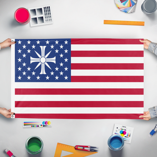 A mockup of the custom flag 'Project At Edens Gate Flag' held up on a table during print checking