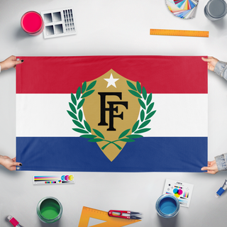A mockup of the custom flag 'Fun With Flags flag' held up on a table during print checking
