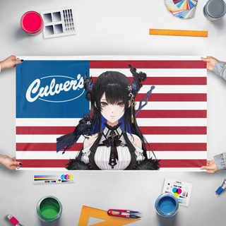 A mockup of the custom flag 'holonerissusculverflag flag' held up on a table during print checking