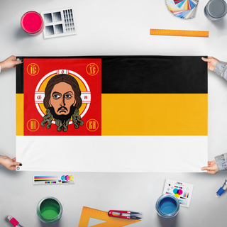 A mockup of the custom flag 'Russian Holy State flag' held up on a table during print checking