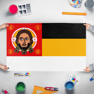 A mockup of the custom flag 'Russian Holy State flag' held up on a table during print checking