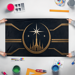 A mockup of the custom flag 'SW Mirial Flag' held up on a table during print checking