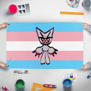 A mockup of the custom flag 'p3t flag' held up on a table during print checking