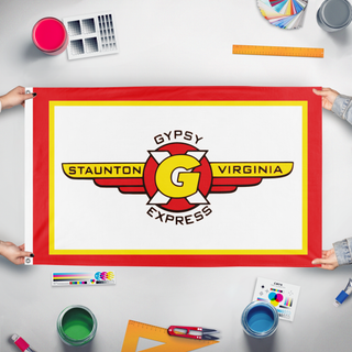 A mockup of the custom flag 'GX flag' held up on a table during print checking