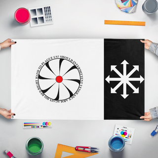 A mockup of the custom flag 'Custom Chaos Insurgency flag' held up on a table during print checking