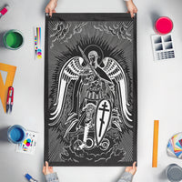 A mockup of the custom flag 'Flag of St. Michael' held up on a table during print checking