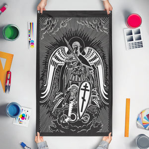 A mockup of the custom flag 'Flag of St. Michael' held up on a table during print checking