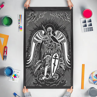 A mockup of the custom flag 'Flag of St. Michael' held up on a table during print checking