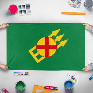 A mockup of the custom flag 'Paneuropean identitarian flag' held up on a table during print checking