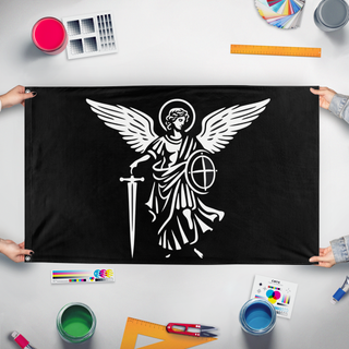 A mockup of the custom flag 'Archangel St Michael Black flag' held up on a table during print checking