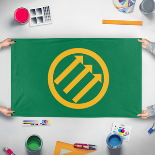 A mockup of the custom flag 'Identitarian flag' held up on a table during print checking