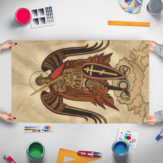 A mockup of the custom flag 'Flag of St. Michael' held up on a table during print checking