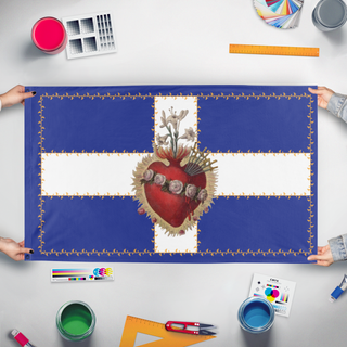 A mockup of the custom flag 'Immaculate Heart of Mary flag' held up on a table during print checking