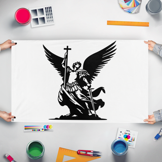 A mockup of the custom flag 'Victory Banner of St. Michael flag' held up on a table during print checking