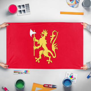 A mockup of the custom flag 'High Kingdom of Norway flag' held up on a table during print checking