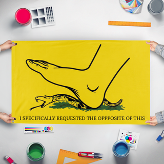 A mockup of the custom flag 'I Specifically Requested the Opposite of This flag' held up on a table during print checking