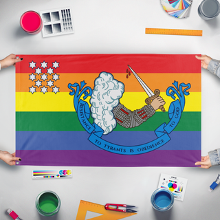 A mockup of the custom flag 'Gostelowe No.10 Pride flag' held up on a table during print checking