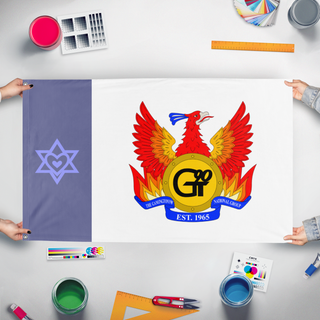 A mockup of the custom flag 'The GamingTony90 National Group flag' held up on a table during print checking