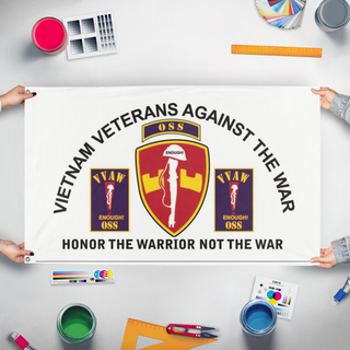 A mockup of the custom flag 'VVAW/OSS flag' held up on a table during print checking