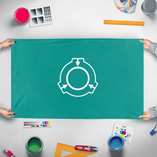 A mockup of the custom flag 'SCP Foundation but Teal flag' held up on a table during print checking