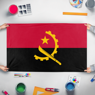 A mockup of the custom flag 'test flag' held up on a table during print checking