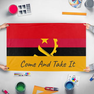 A mockup of the custom flag 'test flag' held up on a table during print checking