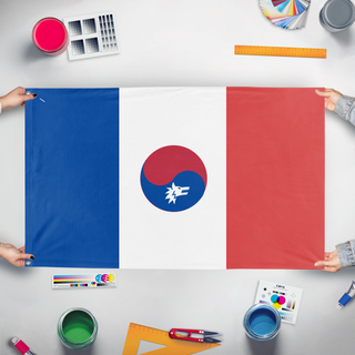 A mockup of the custom flag 'French Korea flag' held up on a table during print checking