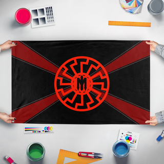 A mockup of the custom flag 'BRW chud flag' held up on a table during print checking
