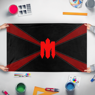 A mockup of the custom flag 'BRW CLASSICAL FLAG' held up on a table during print checking