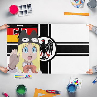 A mockup of the custom flag 'Osaka German Empire flag' held up on a table during print checking