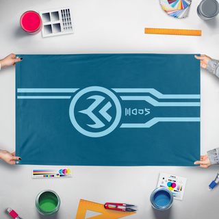 A mockup of the custom flag 'Left flag' held up on a table during print checking