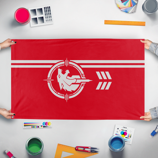 A mockup of the custom flag '2 flag' held up on a table during print checking
