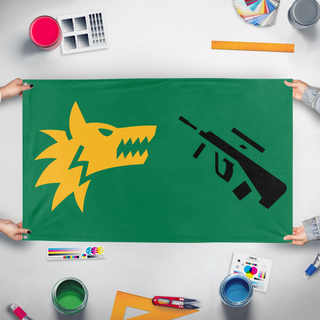 A mockup of the custom flag 'Squad flag' held up on a table during print checking