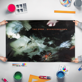 A mockup of the custom flag 'SHED.TITLE.FIGHT flag' held up on a table during print checking